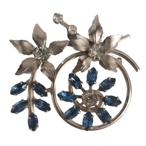 Vintage rhinestone pendant brooch flowers blue silver
